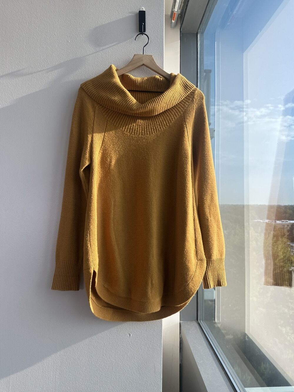 ANTHROPOLOGIE Mustard Gold Ribbed Cowl Neck Knit Tunic Sweater Women's Sz L